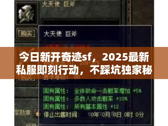 今日新开奇迹sf,2025最新私服即刻行动,不踩坑独家秘笈 今日新开奇迹sf,2025最新私服即刻行动,不踩坑独家秘笈